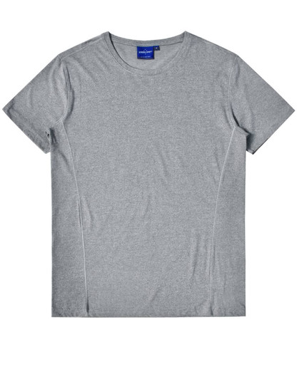 A grey short-sleeve t-shirt with a logo, featuring a smooth, heathered texture and a classic design.