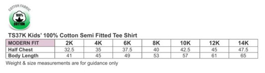A table displaying sizes and measurements for a kids' semi-fitted cotton T-shirt in various sizes.