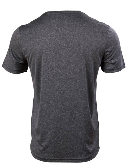 A grey short sleeve tee with a casual fit, featuring a plain design and a branding logo on the back.