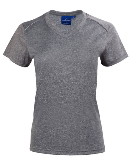 A grey women's short sleeve tee featuring a v-neck design, with a logo on the label.