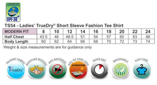 A chart displaying size measurements for the Ladies' Truedry Fashion Short Sleeve T-shirt, featuring various icons.