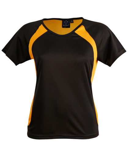 A black and orange ladies' tee shirt featuring a sporty design with mesh panels on the sides and a logo.