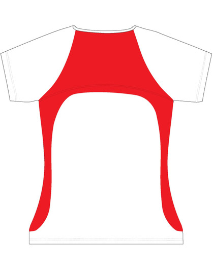 A ladies' t-shirt featuring red and white colours with a sporty design and branding on the front.