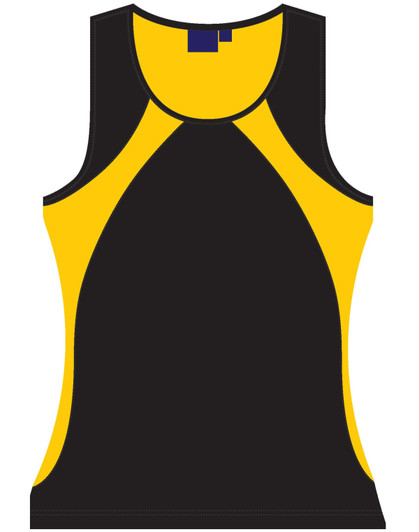 A black and yellow ladies' sprint singlet featuring a logo, designed as a sleeveless athletic top.