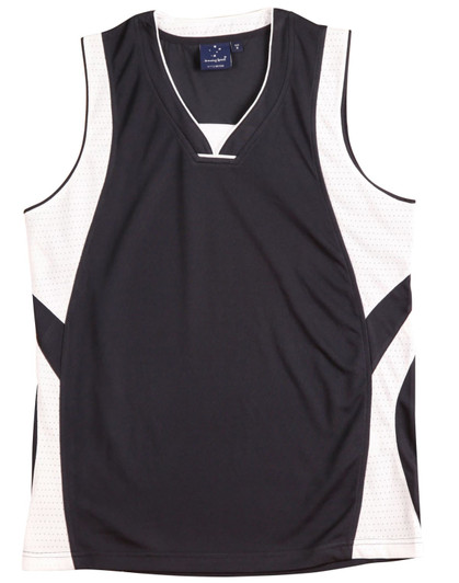 A black and white kid's basketball singlet with a modern design, featuring a logo on the neckline.