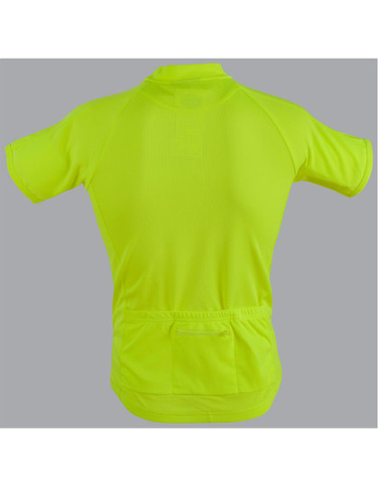 A unisex cycling top in bright yellow with a back pocket and a logo.