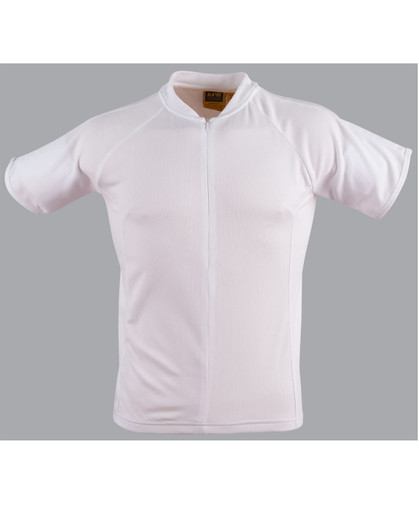 A white unisex cycling top with short sleeves and a front zip, featuring a logo.