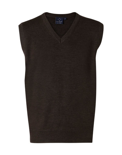 A dark green V-neck wool and acrylic knit vest featuring a sleeveless design and a plain finish.
