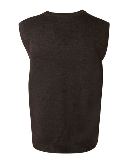 A dark brown v-neck wool and acrylic knit vest featuring a sleeveless design and ribbed hem.