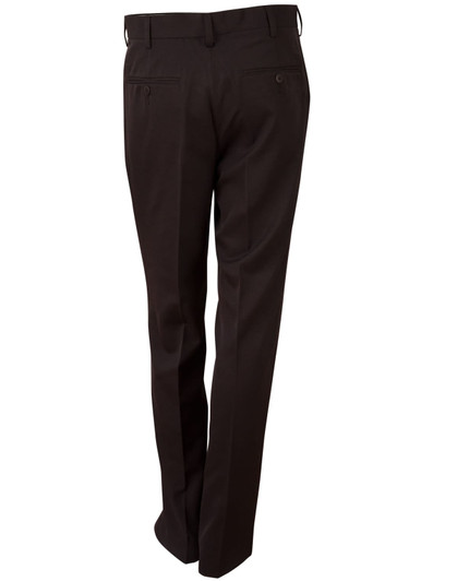 Brown permanent press slacks with a straight leg, featuring back pockets and a logo on the waistband.