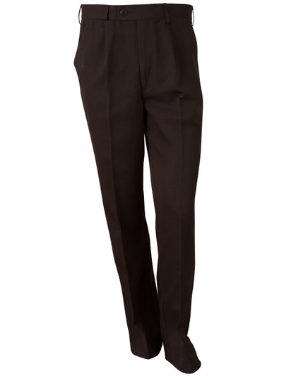 Brown permanent press slacks with a straight leg design and a button closure. Features a logo on the waistband.