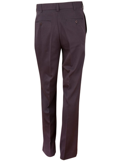 Men's permanent press slacks in dark grey, featuring a classic tailored fit and two back pockets.