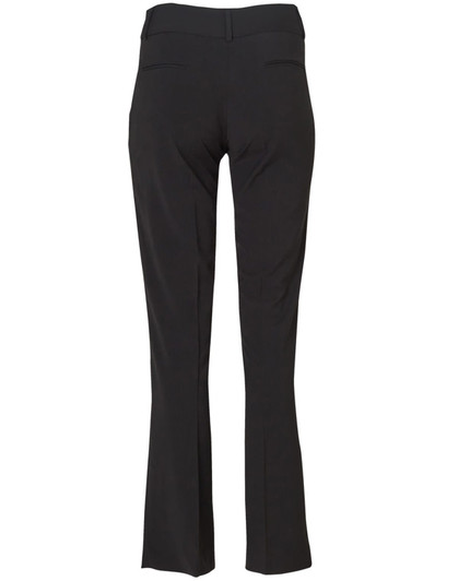 Black ladies' permanent press pants with a flared leg and two back pockets. Features a simple design without visible branding.