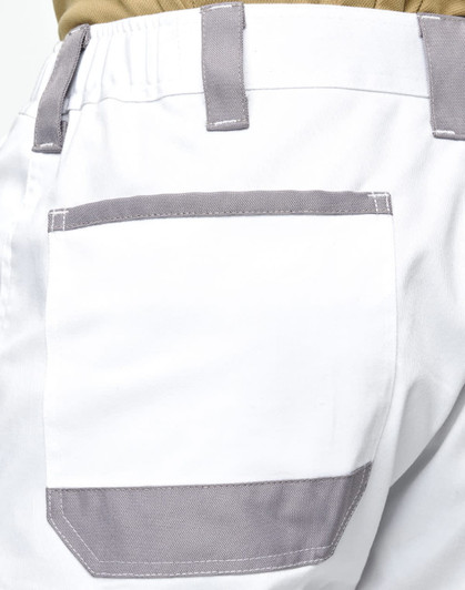 White utility cargo shorts featuring a grey pocket on the back, designed for versatility and comfort.