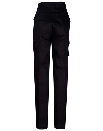 Black long fit work pants with multiple pockets and a logo at the waistband. Rear view displayed.