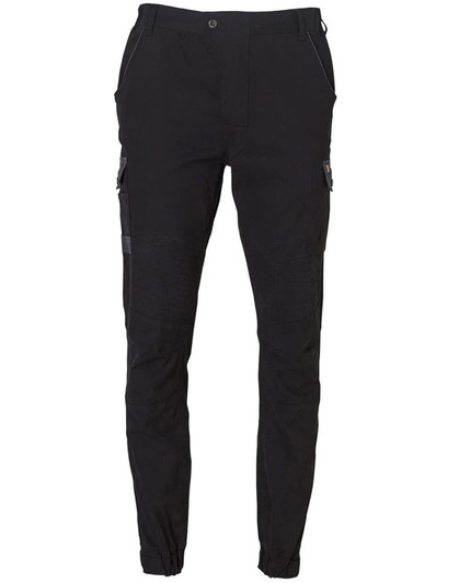 Black work pants featuring multiple pockets and a fitted design, with a logo on one side.