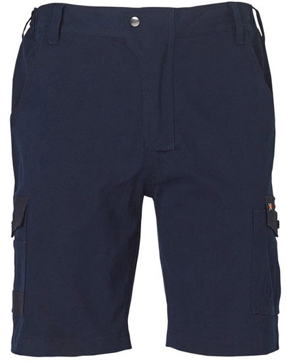 Navy blue work shorts featuring a front fastening, pockets, and a logo.