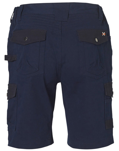 A pair of navy work shorts featuring multiple pockets and a logo on the waistband.