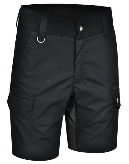 Rip-stop poly/cotton stretch work shorts in black, featuring cargo pockets and an elastic waistband with a logo.