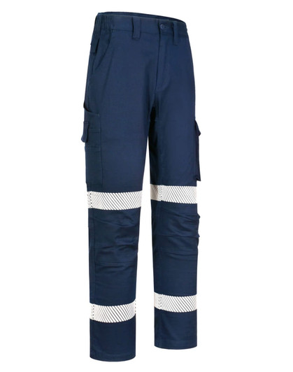 Unisex navy cotton stretch ripstop work pants with segmented reflective strips and multiple pockets.