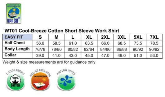 A chart detailing sizes and measurements for a cool-breeze short sleeve cotton work shirt in various sizes.