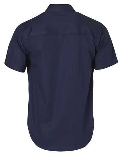 A navy short-sleeve cotton work shirt with a back yoke and one logo.