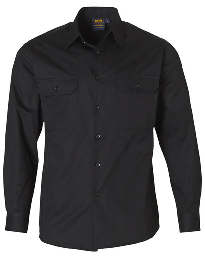 A long-sleeve black cotton work shirt featuring two chest pockets and a button-up front, with a logo on the label.