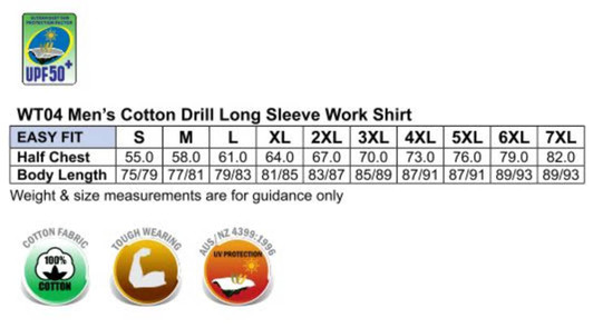 A chart detailing sizes for a men's cotton drill long sleeve work shirt, with specific measurements and fabrics listed.
