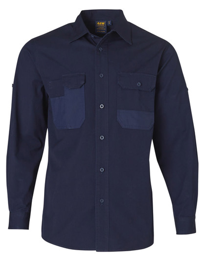 A navy long sleeve work shirt featuring two front pockets and a button-up design. Includes a logo branding.