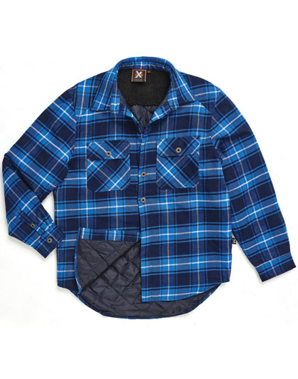 A blue and black quilted flannel shirt featuring a checkered pattern and two chest pockets. It has a brand logo.