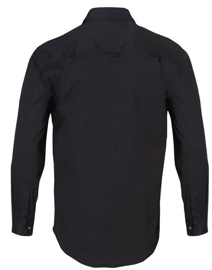 A black long-sleeved work shirt with a collar and buttoned cuffs, featuring a logo.