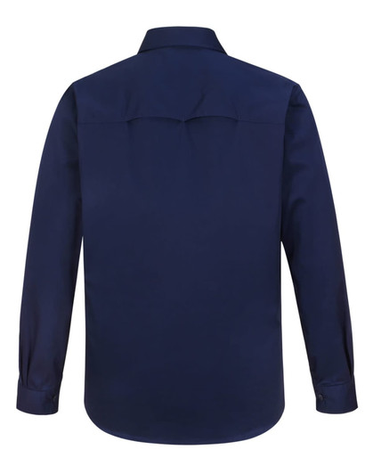 A navy long-sleeve work shirt with a closed front and collar, featuring a logo.