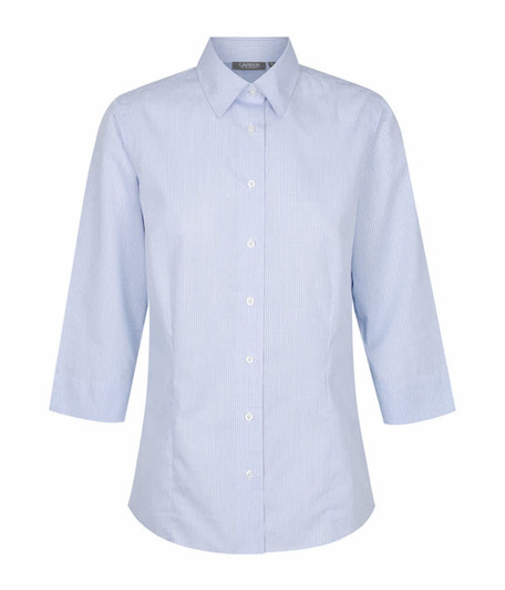 A light blue striped shirt with a collar and three-quarter sleeves, featuring buttons and a branding logo.