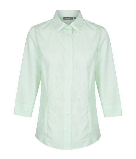 A light green shirt with a collar and three-quarter sleeves, featuring buttons down the front and a logo on the label.