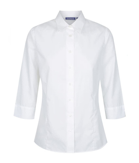 A white shirt with three-quarter sleeves and a button-down collar, featuring a logo on the collar.