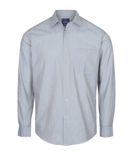 A button-up shirt in light blue with long sleeves and a chest pocket, featuring a logo on the label.