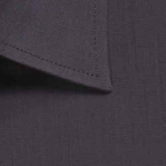 A close-up of a dark grey button-up shirt featuring a collar and textured fabric.