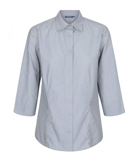 A light blue button-up shirt with three-quarter sleeves and a collar. It features a front button closure and has a branded logo.
