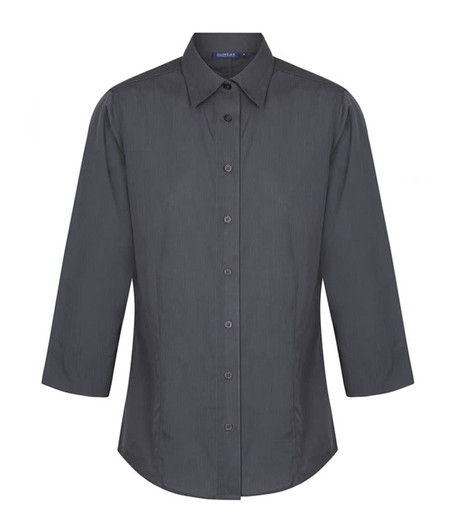 A button-up shirt in dark grey with a pointed collar and long sleeves, featuring a logo on the chest.