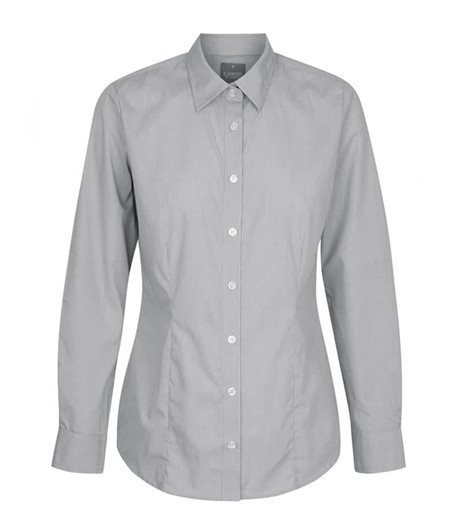 A light grey button-up shirt with long sleeves and a fitted design. It features a collar and buttons down the front.
