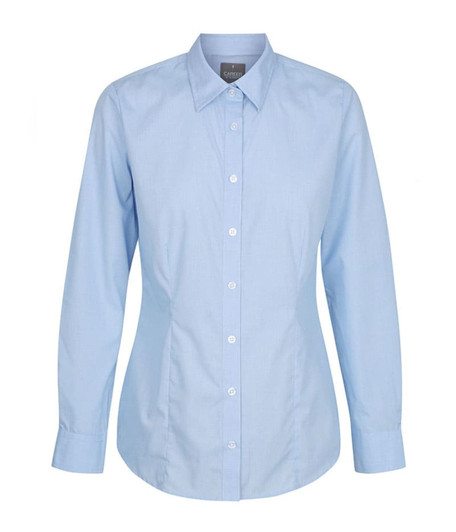 A light blue button-up shirt with long sleeves and a classic collar, featuring a logo on the label.
