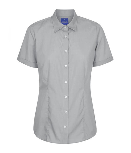 A grey button-up shirt with short sleeves and a small collar, featuring a logo at the neckline.