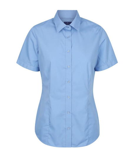 A short-sleeve button-up shirt in light blue with a collar and a front button placket, featuring a logo.