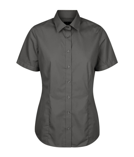 A short-sleeved button-up shirt in a dark grey colour, featuring a tailored fit and a collar. It has a logo.