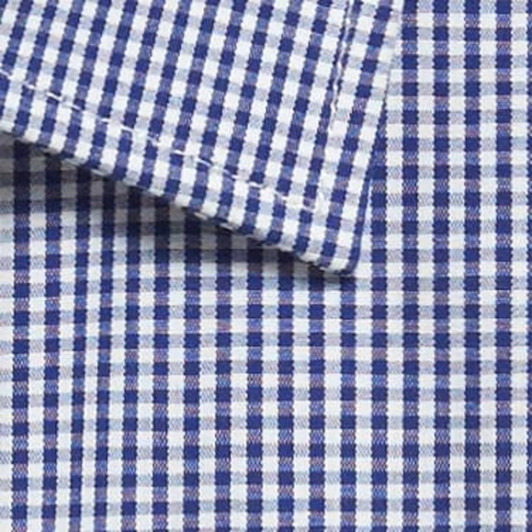 A button-up shirt featuring a Westgarth gingham pattern in navy blue and white. It has a folded sleeve detail.