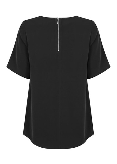 A black short sleeve shirt with a back zipper and a loose fit. It features a simple design and has a logo.