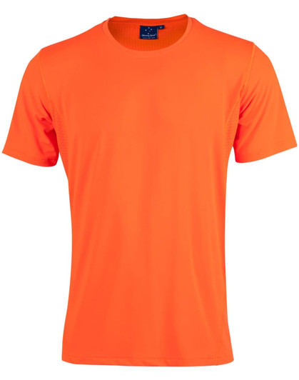 An orange Men's Cooldry Stretch Tee featuring a short-sleeve design and a logo at the neckline.
