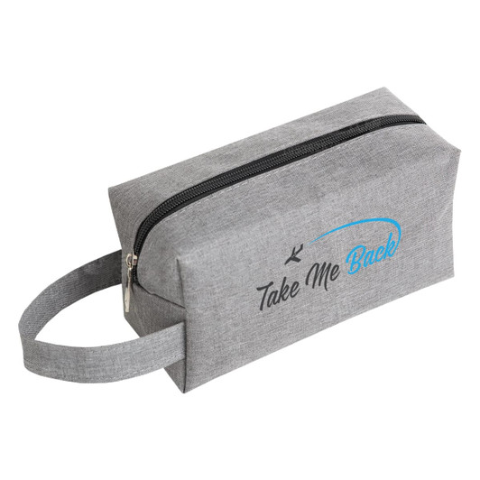 A grey cosmetic bag with a zip closure and a handle, featuring a logo on the front.