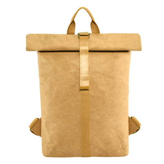 A tan kraft paper backpack with a roll-top design, featuring a logo and minimalistic straps.