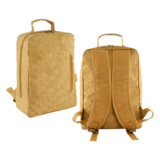 A golden-brown laptop backpack with a simple design, featuring a logo and padded adjustable straps on the back.